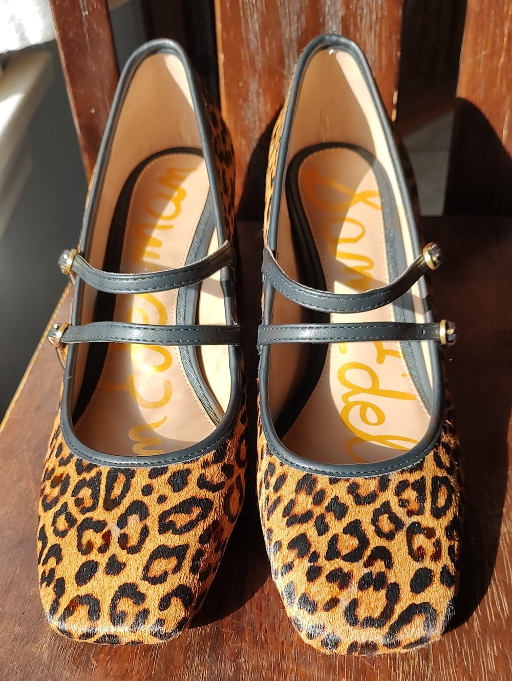 Sam Edelman Leopard Print Mary Jane Block Heel Pumps Double Black Straps 7.5